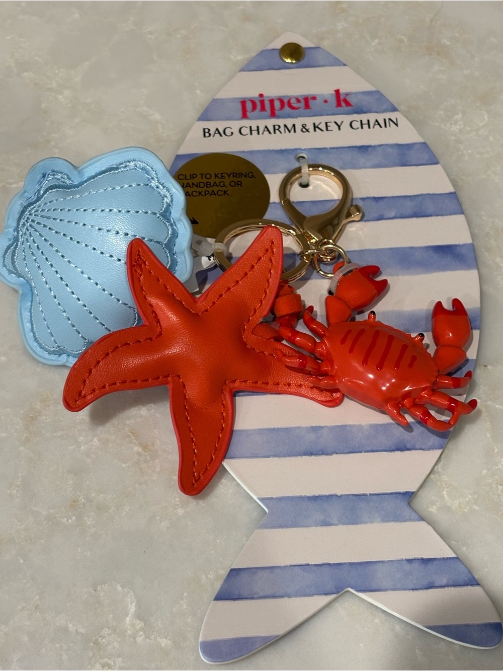 🌻sale🌻 NWT piper•k Beach Charm Key Chain - Blue Shell & Orange Starfish/Crab